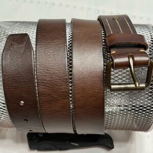 Lands End Mens Belt 48” Brown Brass Buckle Leather 1.25 Wide